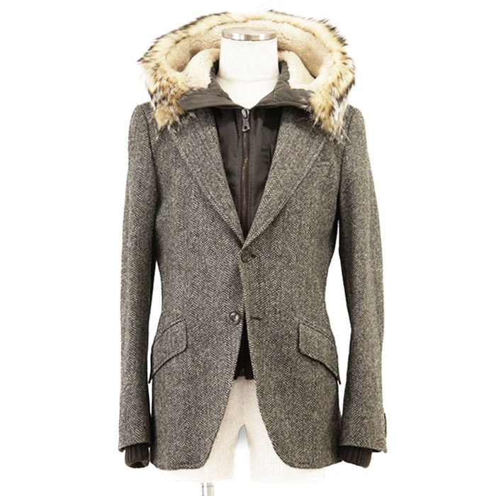 DOLCE&GABBANA ドルチェアンドガッバーナ ジャケット アナグマファーフード サイズ 46 メンズ ロゴ ミリタリー ブルゾン ドッキング テーラード 2B ヘリンボーン フーデッド アウター ブラウン系 茶色 イタリア製