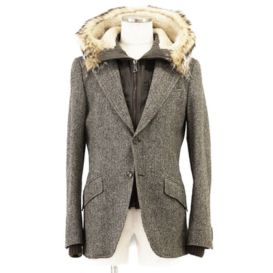 DOLCE&GABBANA ドルチェアンドガッバーナ ジャケット アナグマファーフード サイズ 46 メンズ ロゴ ミリタリー ブルゾン ドッキング テーラード 2B ヘリンボーン フーデッド アウター ブラウン系 茶色 イタリア製