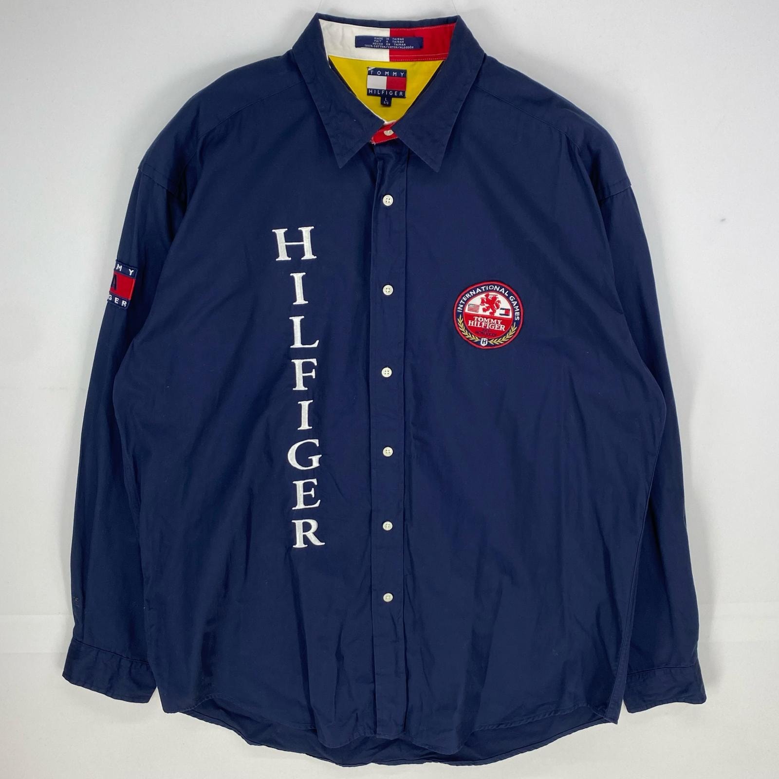 古着 トミーヒルフィガー TOMMY HILFIGER 長袖シャツ ワッペン 刺繍ロゴ ビッグロゴ ロングスリーブ L  ネイビー系 メンズ
