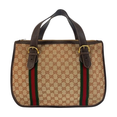 美品 GUCCI グッチ シェリーライン オールドグッチ ベージュ ブラウン ゴールド金具 GGキャンバス レザー/ ハンドバッグ 506676 【中古】