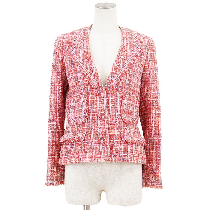 CHANEL シャネル ヴィンテージジャケット 04P P22966 ツイード COCOマークボタン フリンジ アウター レディース サイズ 38 レッド系 赤系 フランス製 カール・ラガーフェルド期