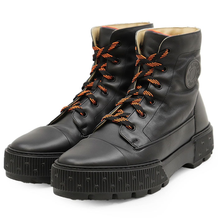 【極美品】HERMES エルメス ショートブーツ 《フレッシュ》 レザー テクニカルナイロン 軽量 ハイカット レースアップ チャンキーソール 厚底 シューズ 靴 袋付属 メンズ サイズ 43 ブラック オレンジ 黒 橙色 イタリア製