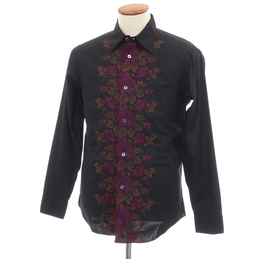 【中古】ポールスミスコレクション PAUL SMITH COLLECTION コットン 花柄 刺しゅう レギュラーカラー カジュアルシャツ ブラック【サイズM】【メンズ】