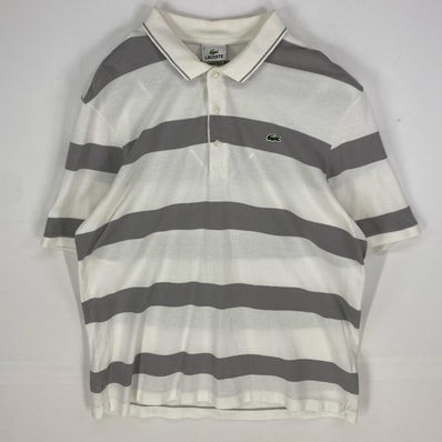 古着 ラコステ LACOSTE 半袖シャツ ワッペン ワンポイントロゴ ポロシャツ ハーフボタン 6 ホワイト系 ボーダー メンズ