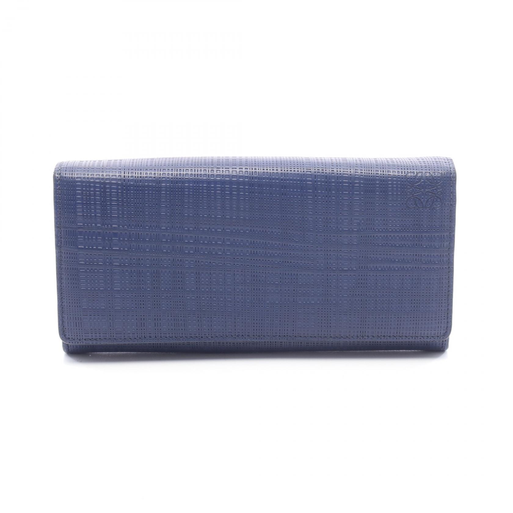 ロエベ LOEWE LINEN リネン 二つ折り長財布 財布 レザー レディース ネイビー系 【中古】