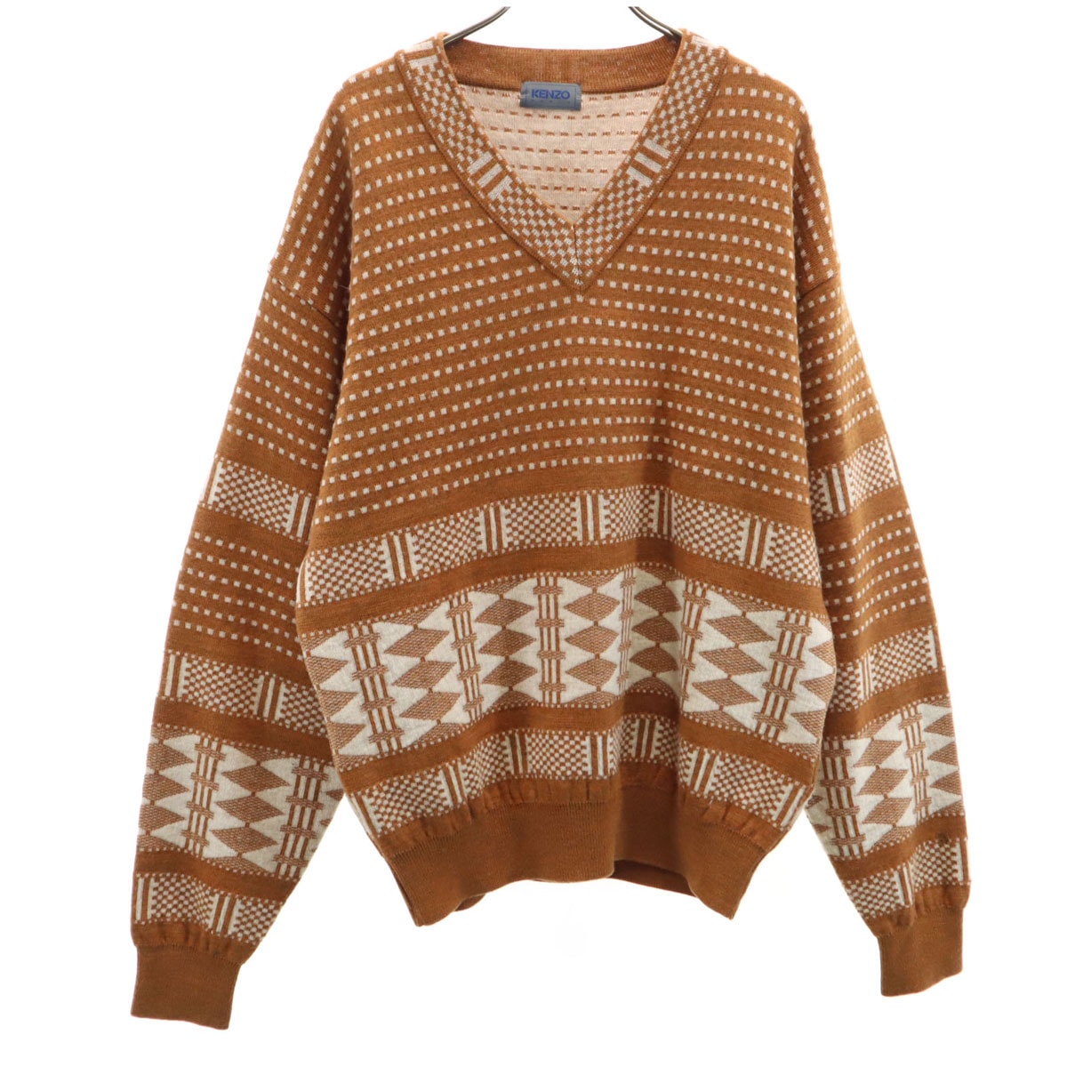 KENZO ケンゾー 90s 日本製 ウール オールド 総柄 長袖 Vネック セーター 3 キャメル ニット