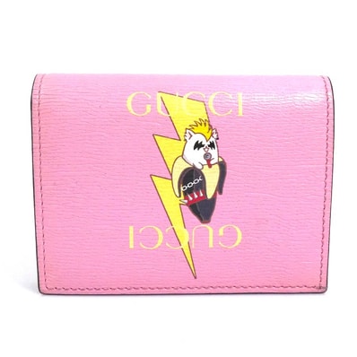 グッチ GUCCI 二つ折り財布 ばなにゃ レザー ピンク レディース 701009【中古】 h32248a