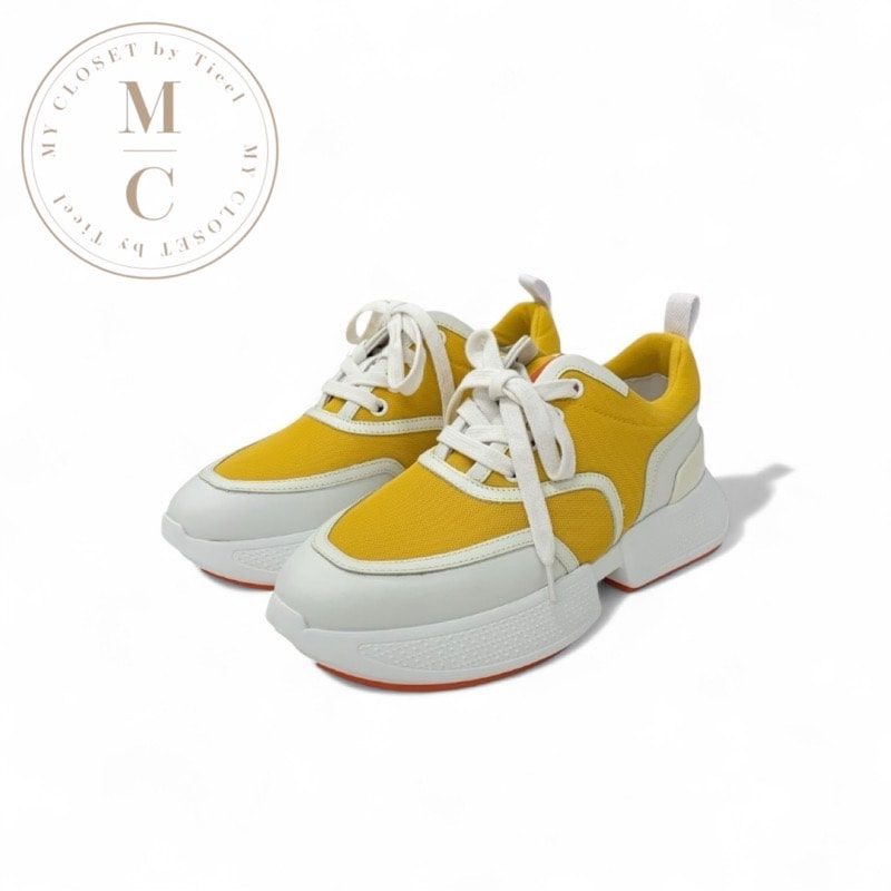 エルメス HERMES ギガ スニーカー 靴 シューズ ファブリック レザー イエロー ホワイト