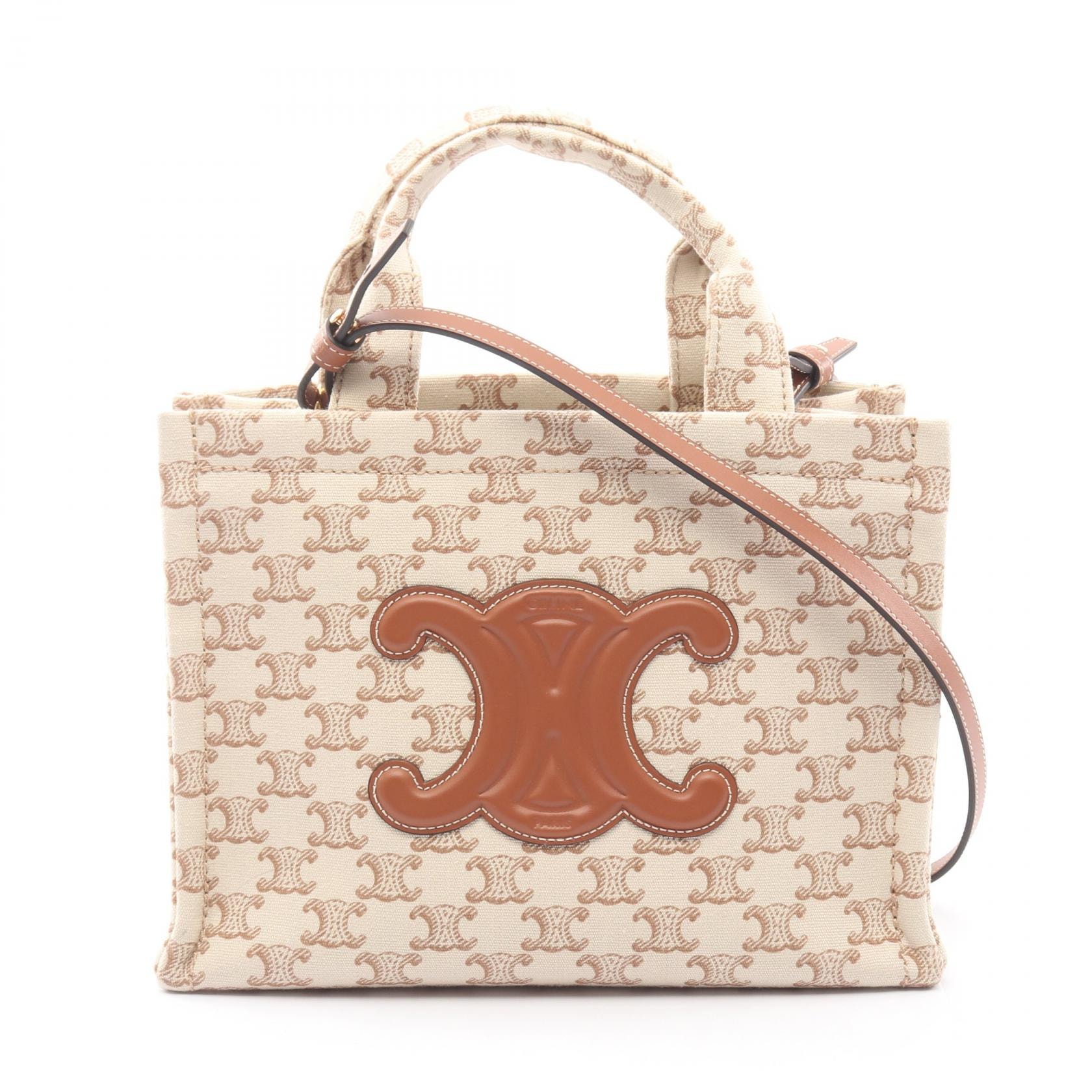 セリーヌ CELINE SMALL CABAS スモール カバ タイス トリオンフ トートバッグ バッグ キャンバス レザー レディース ベージュ系 / ブラウン系 19916 2EZ6 01BC 【中古】