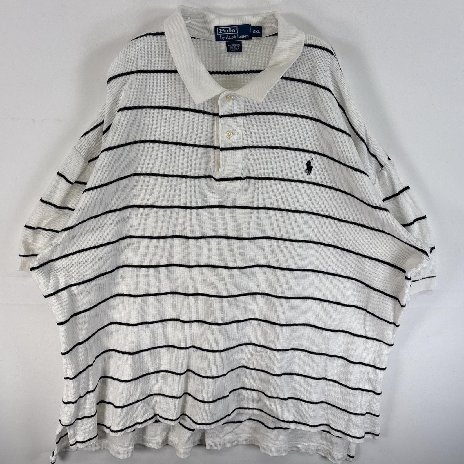 古着 90's/90年代 ポロバイラルフローレン Polo by Ralph Lauren 半袖 ポロシャツ ワッフル ワンポイント ロゴ 刺繍 大きいサイズ 14041  ホワイト系 ボーダー メンズ