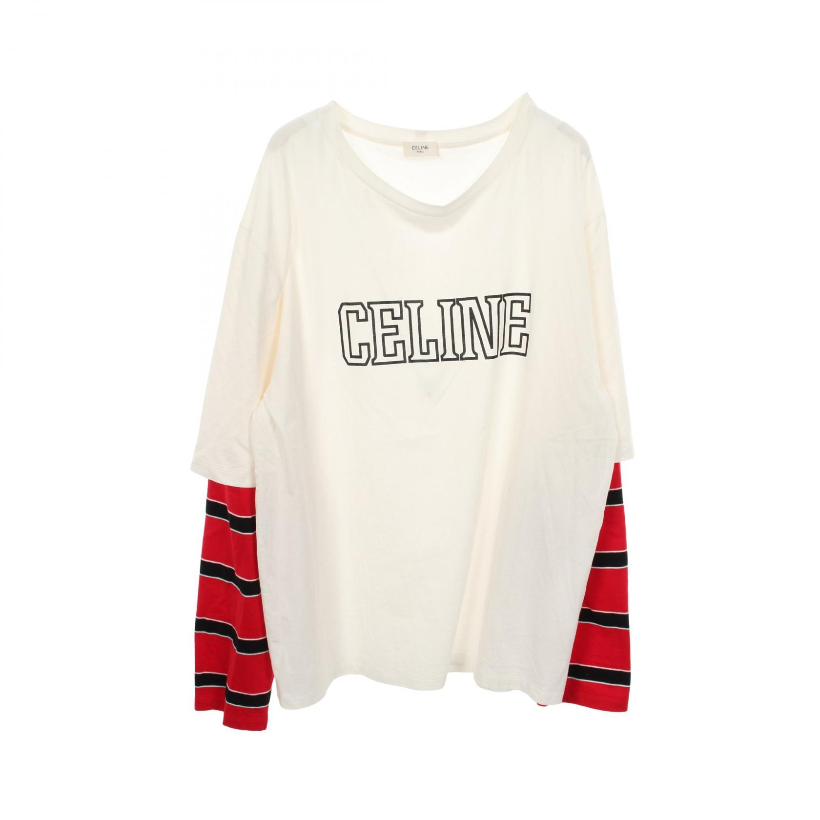 セリーヌ CELINE フェイクレイヤード ロゴ ボーダー 長袖Tシャツ 衣料品 トップス コットン メンズ ホワイト系 / レッド系 / ブラック系 RX077671Q 【中古】