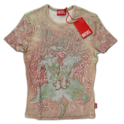 ディーゼル 26SS A23538 T-BRIL ピンク リブストレッチジャージー クリスタル×ベルベットタッチ パフプリントTシャツ M