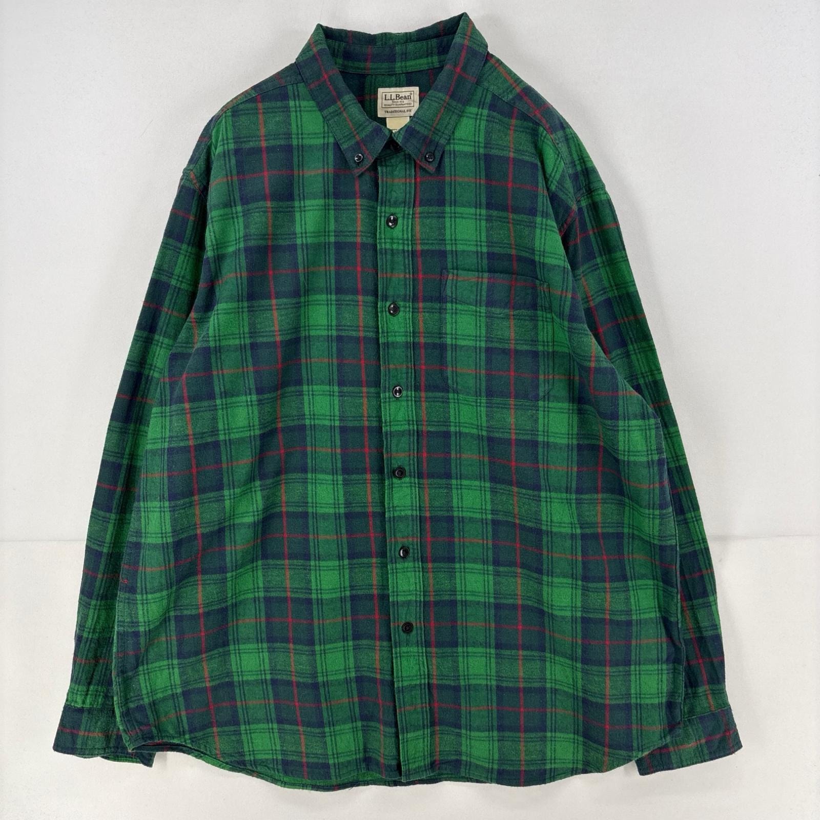 古着 エルエルビーン L.L.Bean 長袖シャツ 胸ポケット ネルシャツ 大きいサイズ ボタンダウン XL グリーン チェック メンズ