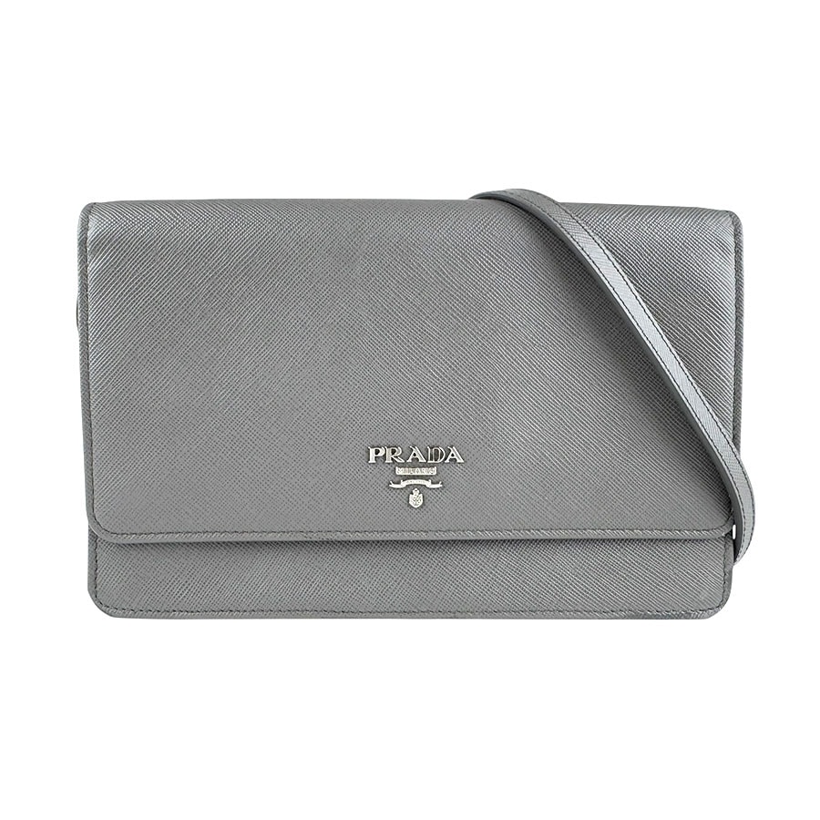 プラダ PRADA 斜め掛けショルダーバッグ ショルダーウォレット レザー グレー シルバー レディース【中古】 z7819