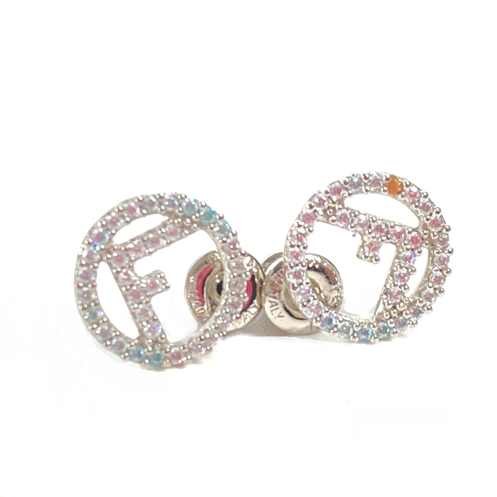 フェンディ FENDI エフイズ ロゴ ラインストーン アクセサリー ピアス メタル シルバー×ブルー 新品同様