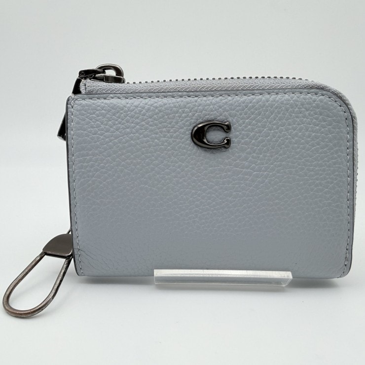 COACH(コーチ)L字ファスナー コインケース レザー グレーブルー系 カードケース 小銭入れ キーリング付き