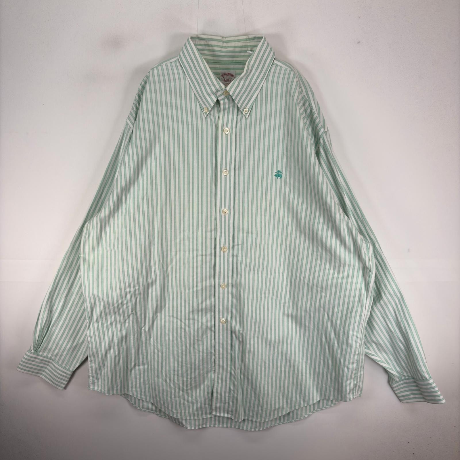 古着 ブルックスブラザーズ Brooks Brothers 長袖シャツ ワンポイント 刺繍ロゴ XL  グリーン系 ストライプ メンズ