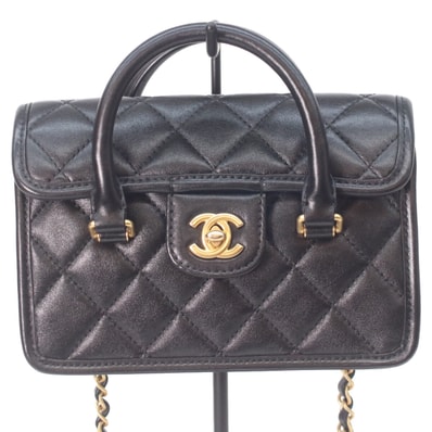 シャネル 25AW 黒 ラムスキン ゴールド金具 マトラッセ 2WAYミニフラップチェーンハンドルバッグ W19
