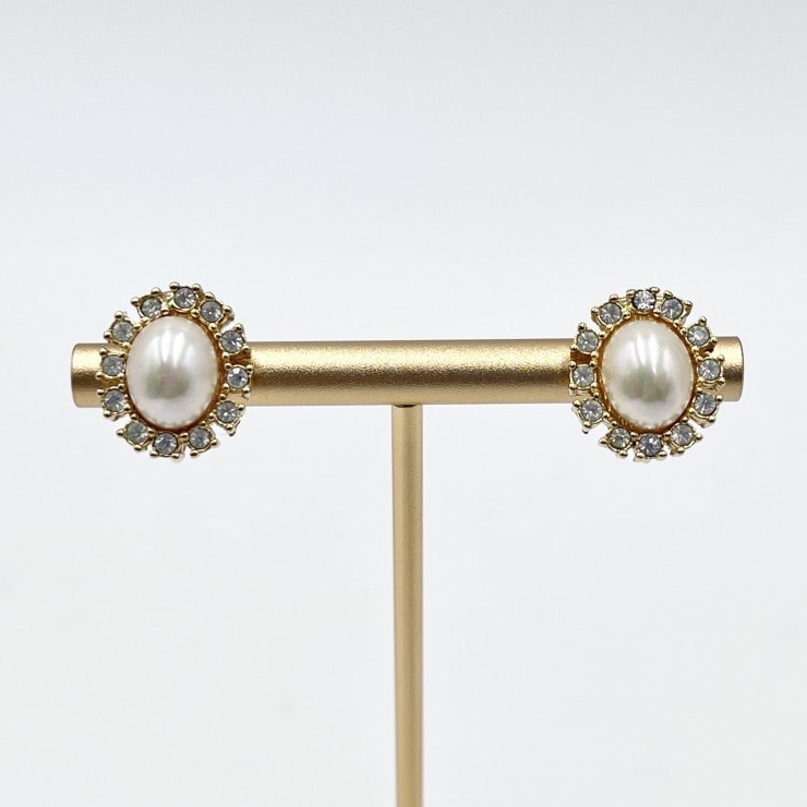 Christian Dior(クリスチャンディオール)パール ラインストーン イヤリング クリップ式 ゴールドカラー レディース アクセサリー 【中古】