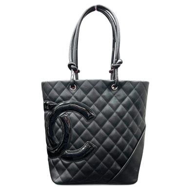 CHANEL 美品 シャネル カンボンライン ミディアム トートバッグ A25167 10番台シリアル ラムスキン レザー エナメル ソーブラック シルバー金具 ショルダーバッグ デカココマーク ヴィンテージ アンティーク レディース ABランク 鑑定済 中古
