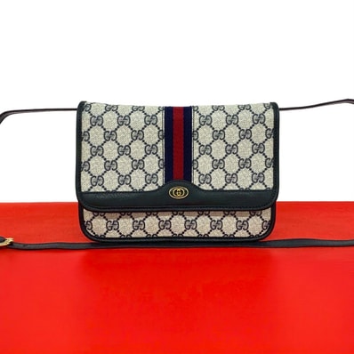 GUCCI グッチ シェリーライン GG ロゴ 金具 レザー PVC ショルダーバッグ ネイビー
413-3