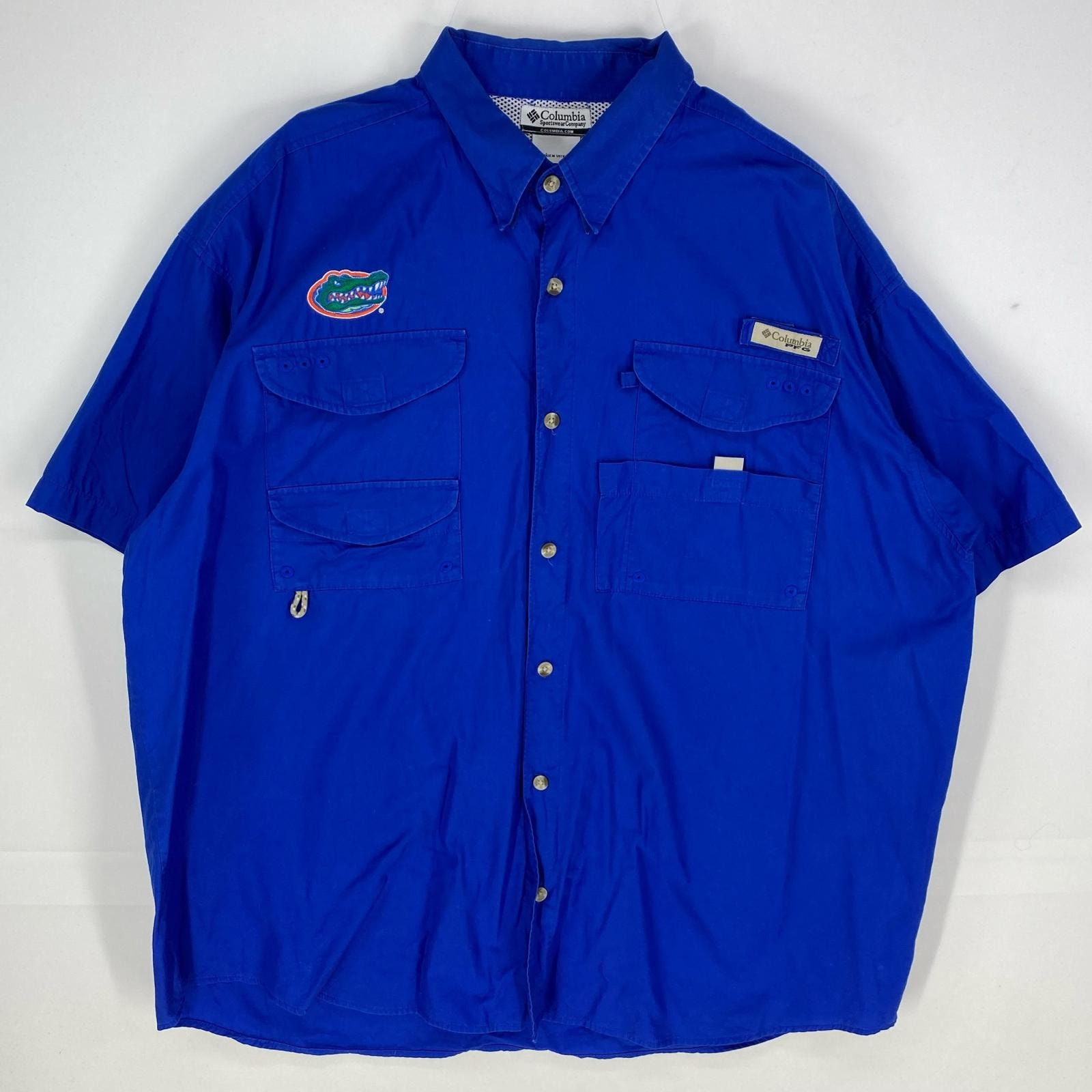 古着 コロンビア Columbia 半袖シャツ ワンポイントロゴ PFG アウトドア フィッシングシャツ XL ブルー系 メンズ