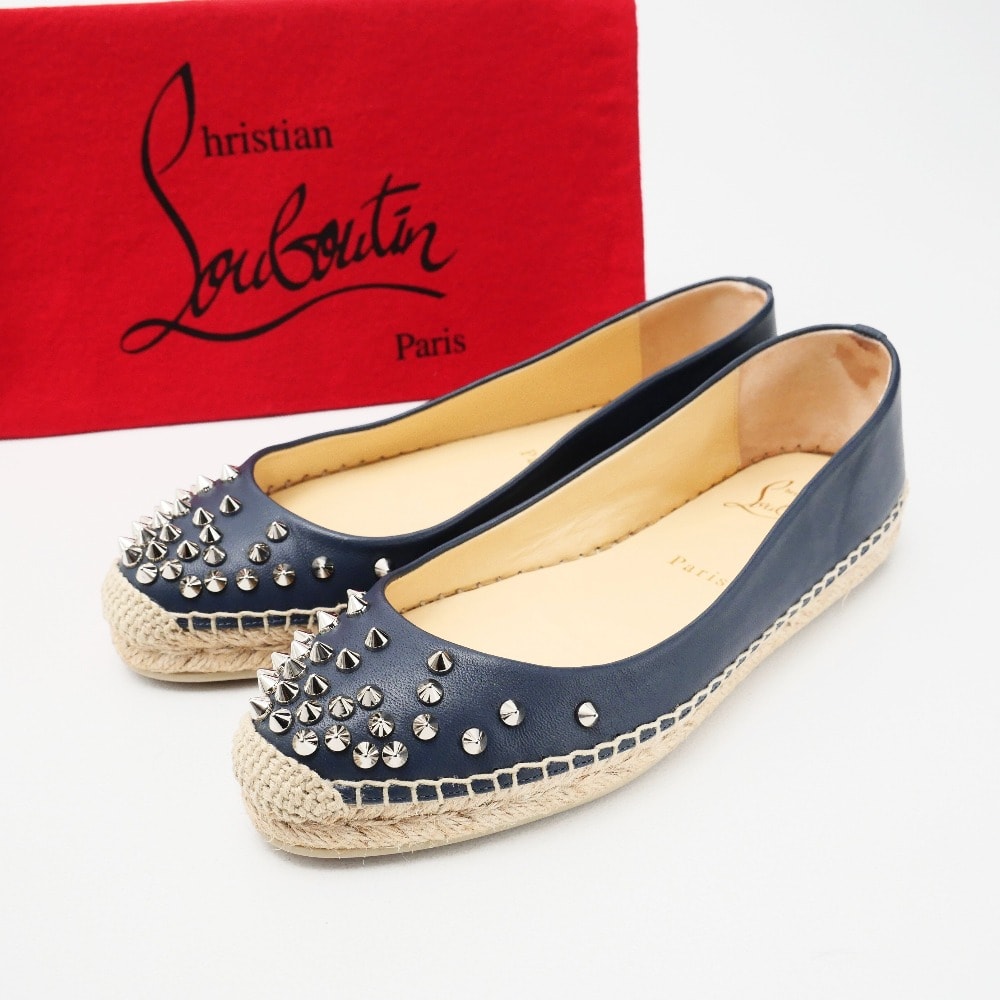 Christian Louboutin クリスチャンルブタン パンプス サイズ36 エスパドリーユ フラットシューズ 靴 レザー スタッズ ネイビー スペイン製 ブランド古着【中古】20250410/RA3929