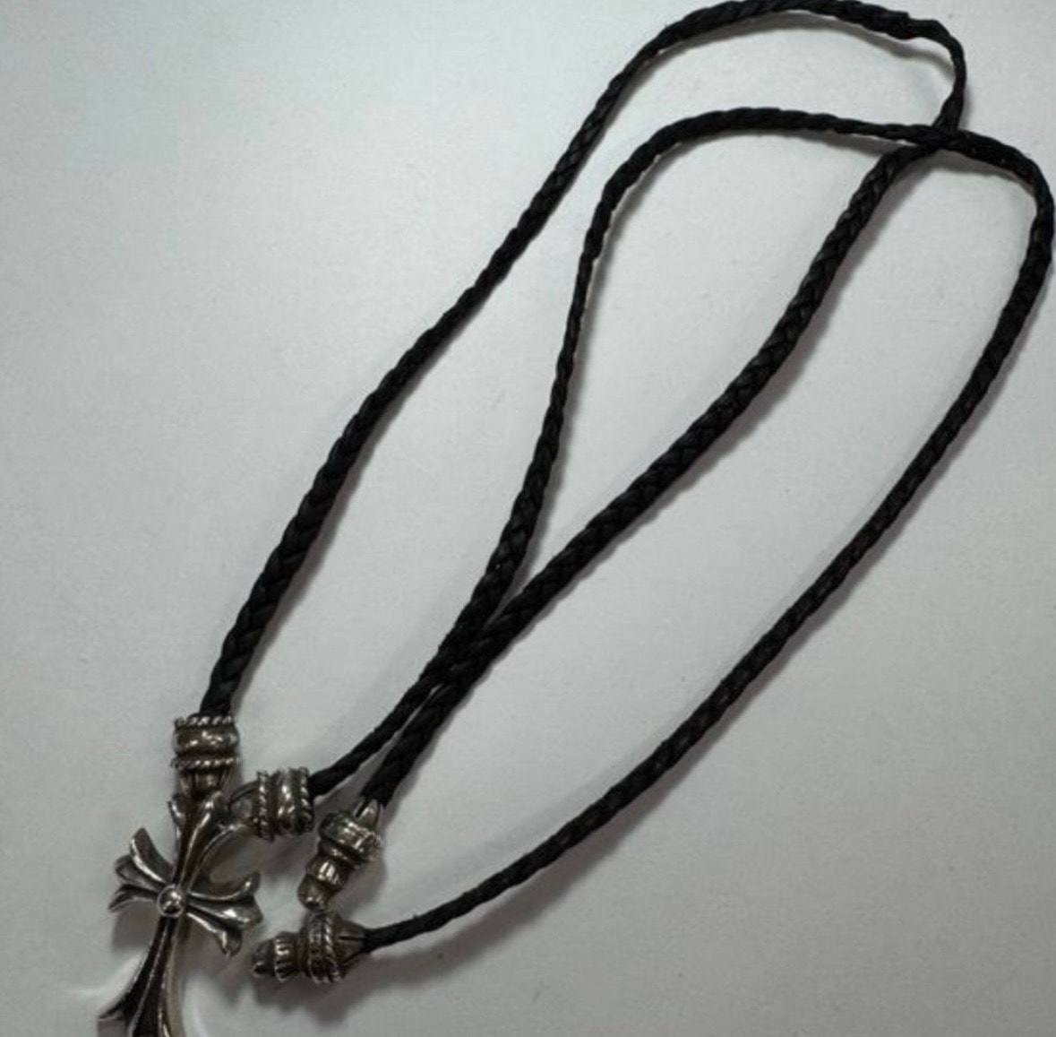 Chrome Hearts CH Cross Small Crimpt Bolo Tip Leather Braid Necklace "Silver"