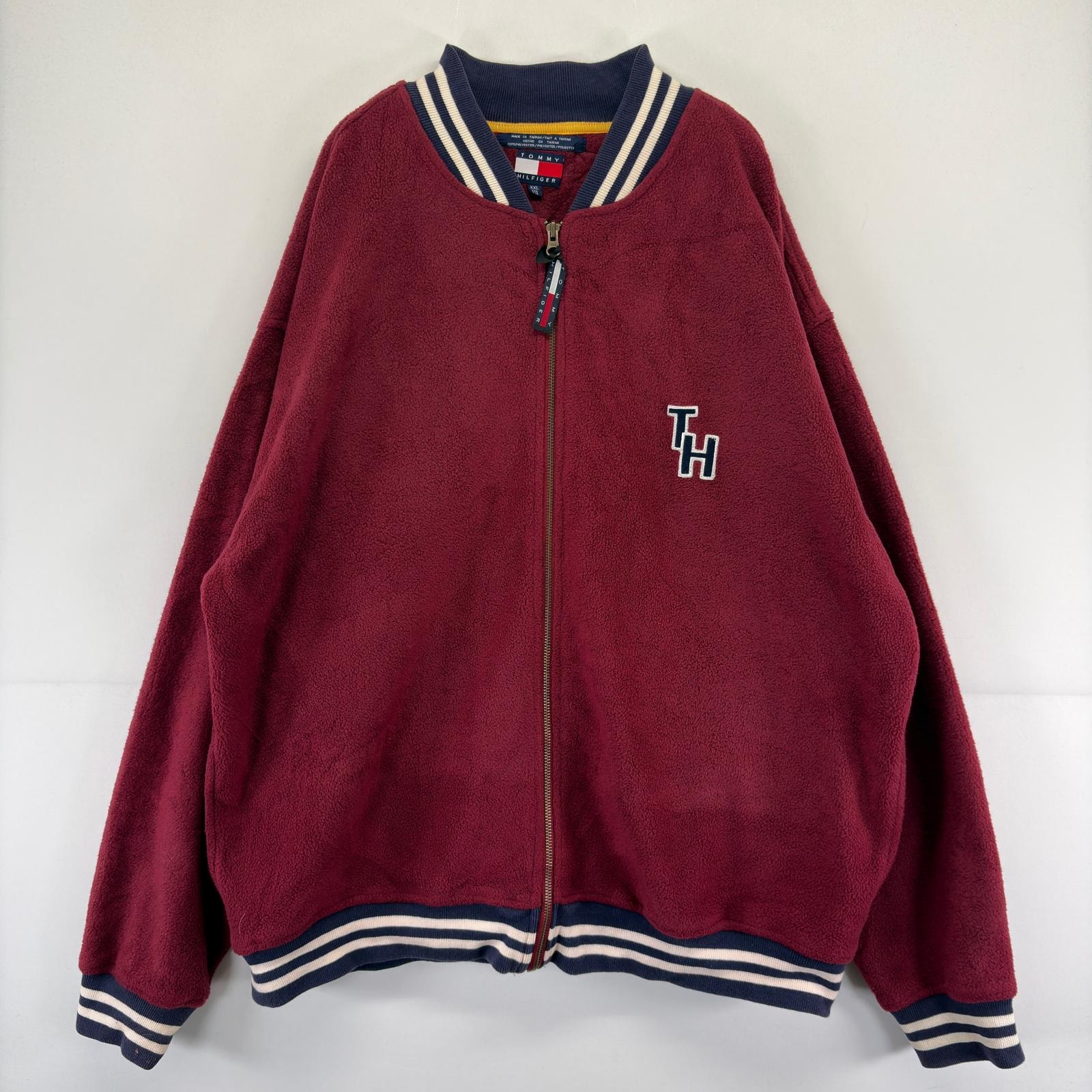 古着 90's/90年代 トミーヒルフィガー TOMMY HILFIGER フリースジャケット フルジップ 刺繍 フリース生地 大きいサイズ 2XL  レッド メンズ