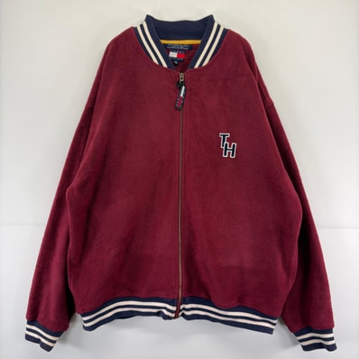 古着 90's/90年代 トミーヒルフィガー TOMMY HILFIGER フリースジャケット フルジップ 刺繍 フリース生地 大きいサイズ 2XL レッド メンズ