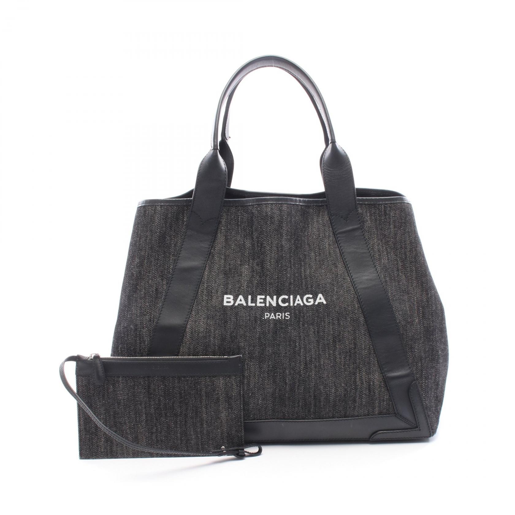 バレンシアガ BALENCIAGA NAVY CABAS ネイビーカバ M トートバッグ バッグ デニム レザー レディース ブラック系 【中古】
