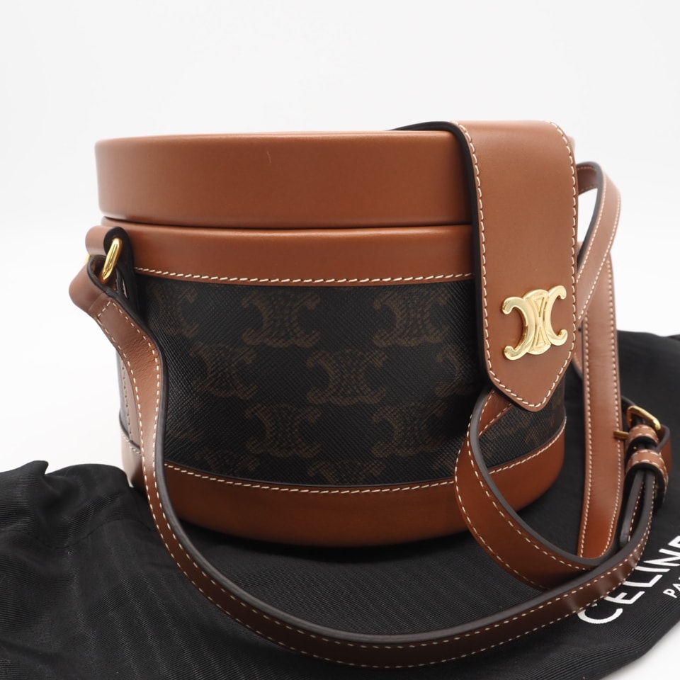極美品 CELINE セリーヌ トリオンフキャンバス タンブール ミディアム タン 195192 ショルダーバッグ ブラウン コーティングキャンバス カーフレザー レディース
