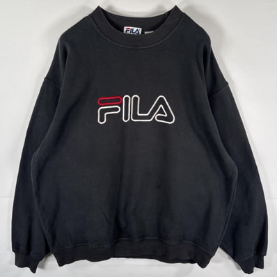 古着 90's/90年代 フィラ FILA スウェット トレーナー プルオーバー 大きいサイズ ビッグ刺繍ロゴ XL ブラック メンズ