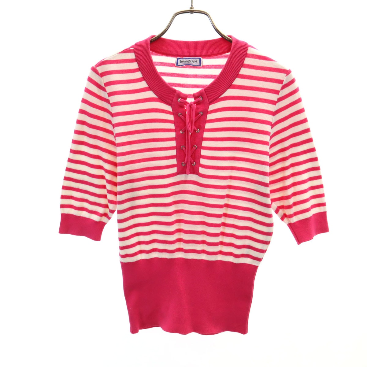 YVES SAINT LAURENT イヴサンローラン 90s オールド ボーダー柄 5分袖 ニット M ピンク レースアップ