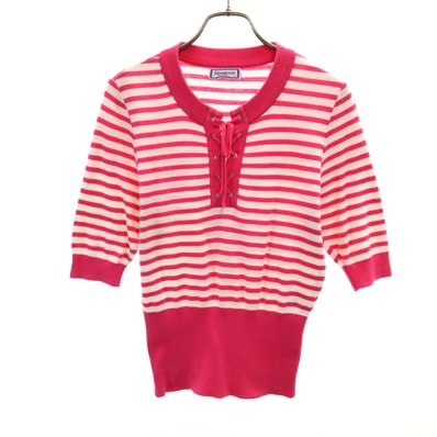 YVES SAINT LAURENT イヴサンローラン 90s オールド ボーダー柄 5分袖 ニット M ピンク レースアップ