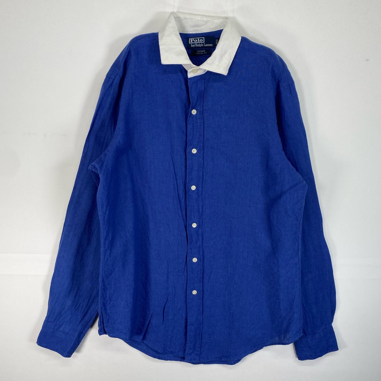 古着 90's/90年代 ポロバイラルフローレン Polo by Ralph Lauren 長袖シャツ リネン ESTATE 襟切替 M  ブルー系 ツートン メンズ
