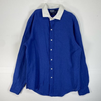 古着 90's/90年代 ポロバイラルフローレン Polo by Ralph Lauren 長袖シャツ リネン ESTATE 襟切替 M ブルー系 ツートン メンズ
