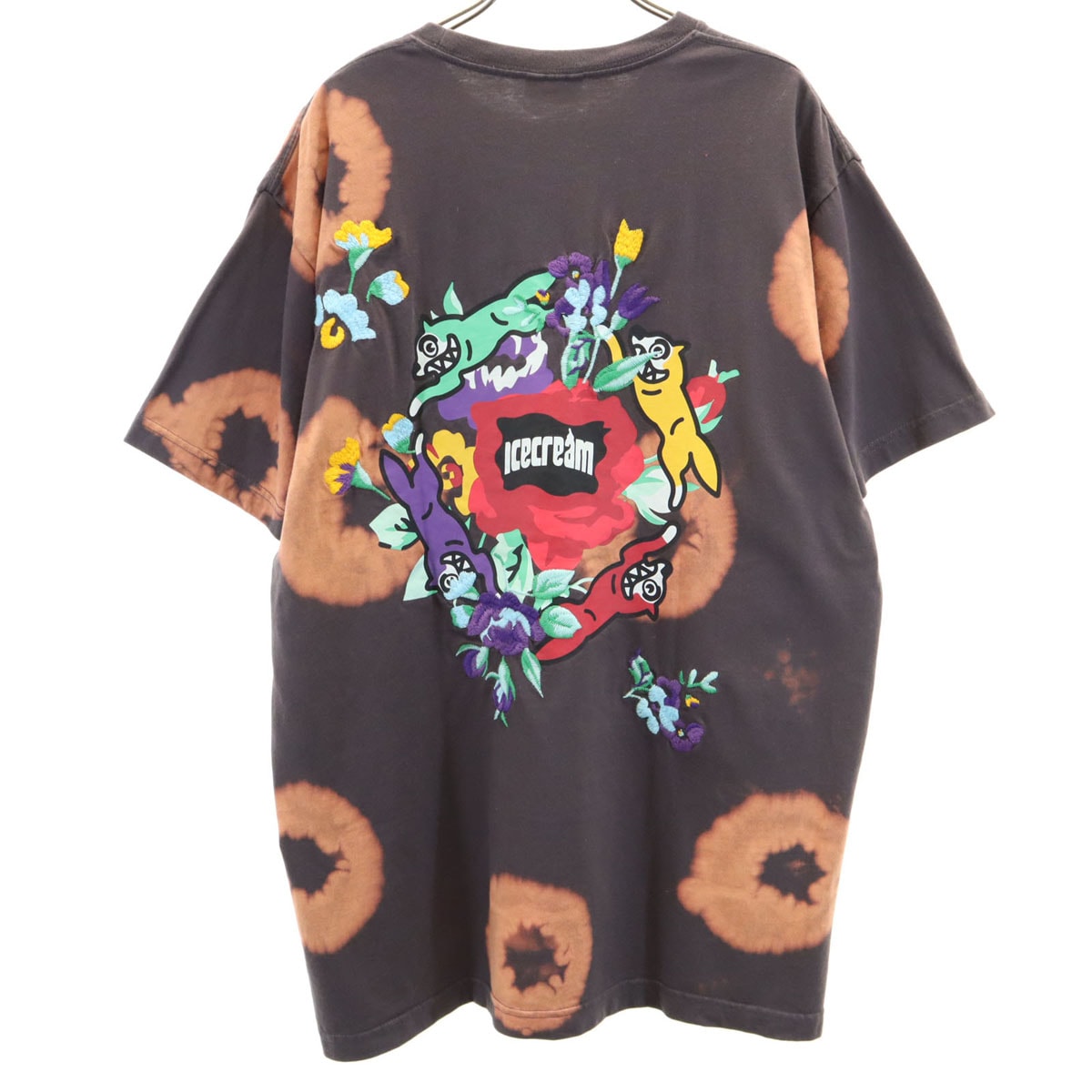 ICE CREAM アイスクリーム バックロゴ 半袖 染め加工 ディッパー Tシャツ L チャコールブラウン 花刺繍