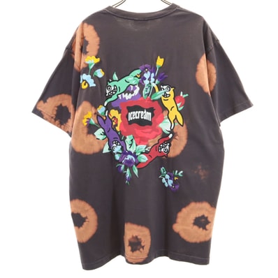 ICE CREAM アイスクリーム バックロゴ 半袖 染め加工 ディッパー Tシャツ L チャコールブラウン 花刺繍