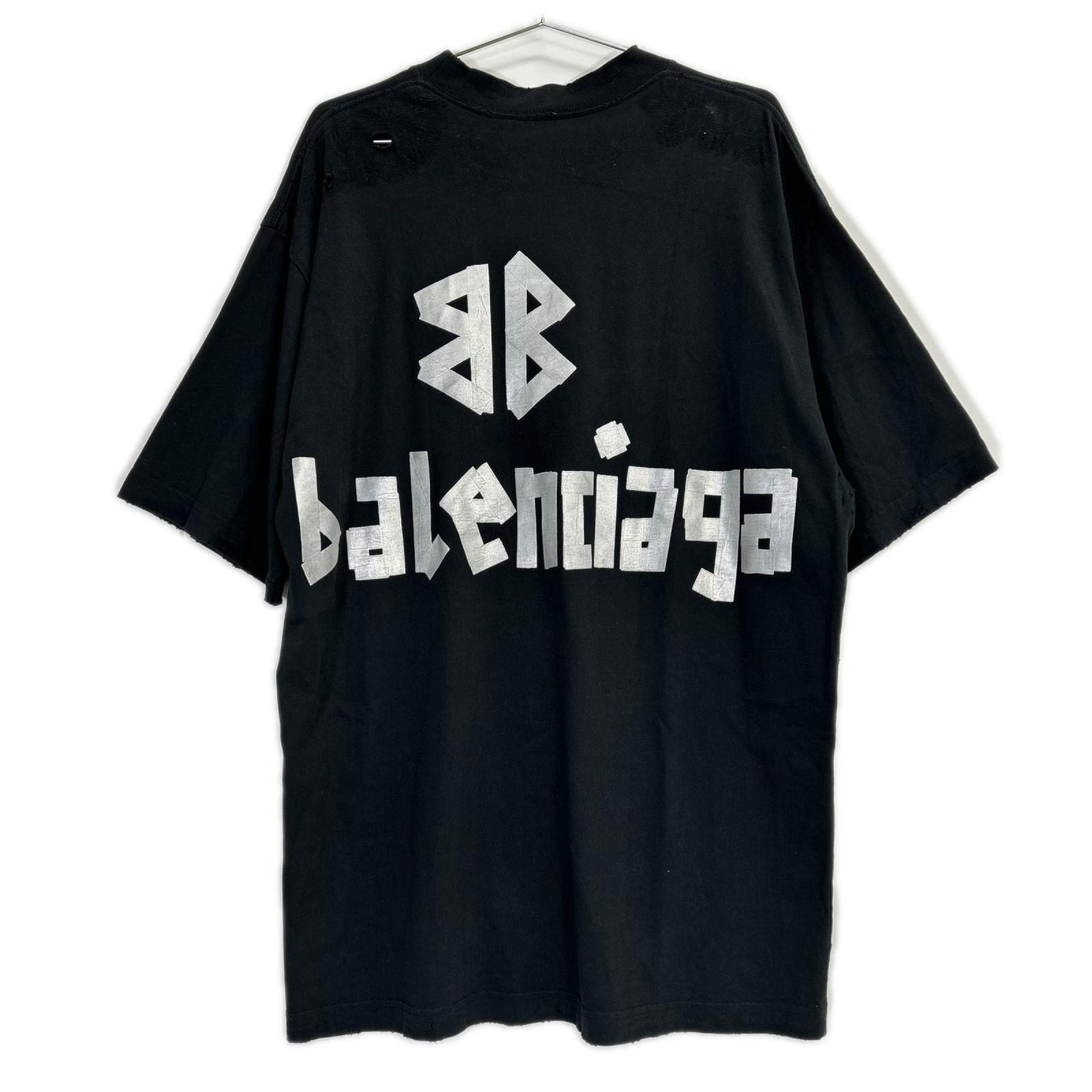 バレンシアガ 24年 739784 ブラック USED加工 テープロゴ Tシャツ XS
