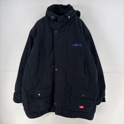 古着 ディッキーズ Dickies ダック パーカー 中綿 フルジップ ロゴ 刺繍 大きいサイズ 作業着 ワーク 2XL ブラック メンズ