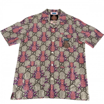 GUCCI グッチ 半袖シャツ GG パイナップル トップス アパレル 服 44 669202 ブラウン 茶 オレンジ シルク メンズ 春 夏 美品【中古品】