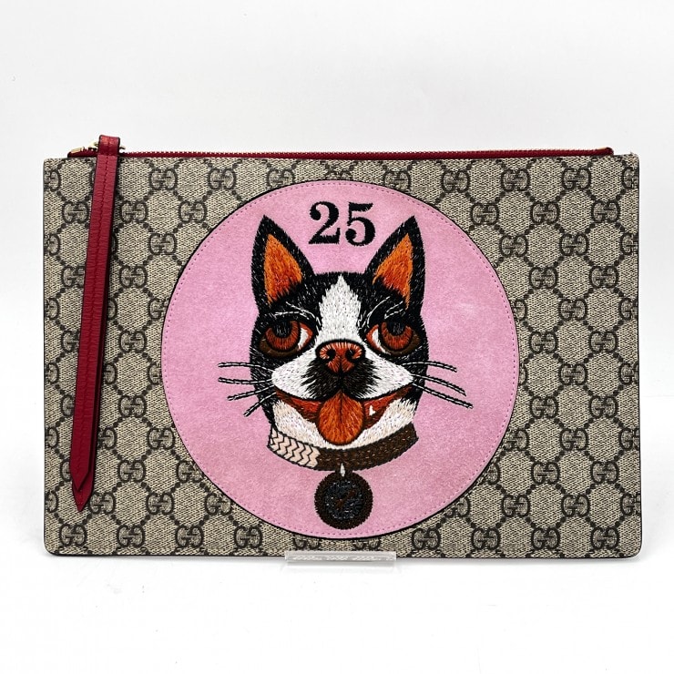 GUCCI(グッチ)GGスプリーム ボスコ パッチ クラッチバッグ ヴィンテージ ドッグモチーフ PVC レザー ベージュ レッド 506280【中古】