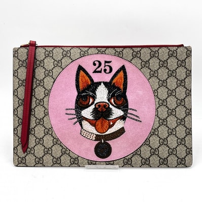 GUCCI(グッチ)GGスプリーム ボスコ パッチ クラッチバッグ ヴィンテージ ドッグモチーフ PVC レザー ベージュ レッド 506280【中古】