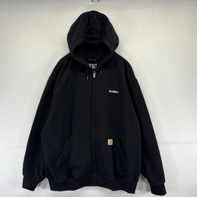 古着 カーハート Carhartt パーカー ワンポイント 大きいサイズ フルジップ ロゴ 企業ロゴ 2XL ブラック系 メンズ
