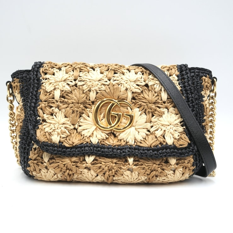 GUCCI(グッチ)GGマーモント ラフィア ショルダーバッグ チェーンショルダーバッグ フラワー編み ナチュラル ブラック ゴールド金具 574433 レディース【中古】