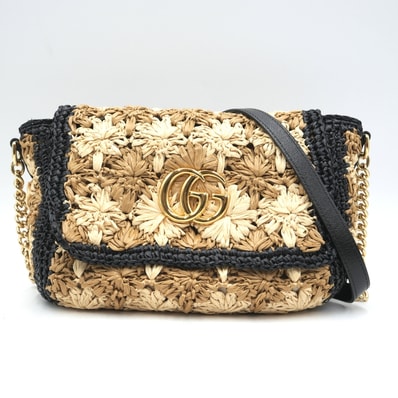 GUCCI(グッチ)GGマーモント ラフィア ショルダーバッグ チェーンショルダーバッグ フラワー編み ナチュラル ブラック ゴールド金具 574433 レディース【中古】