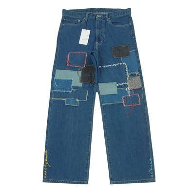 KUON クオン 116PT016000 Sashiko Mended Denim Trousers 刺し子 パッチワーク ステッチデザイン デニム パンツ ジーンズ インディゴブルー系 72 L【極上美品】【中古】