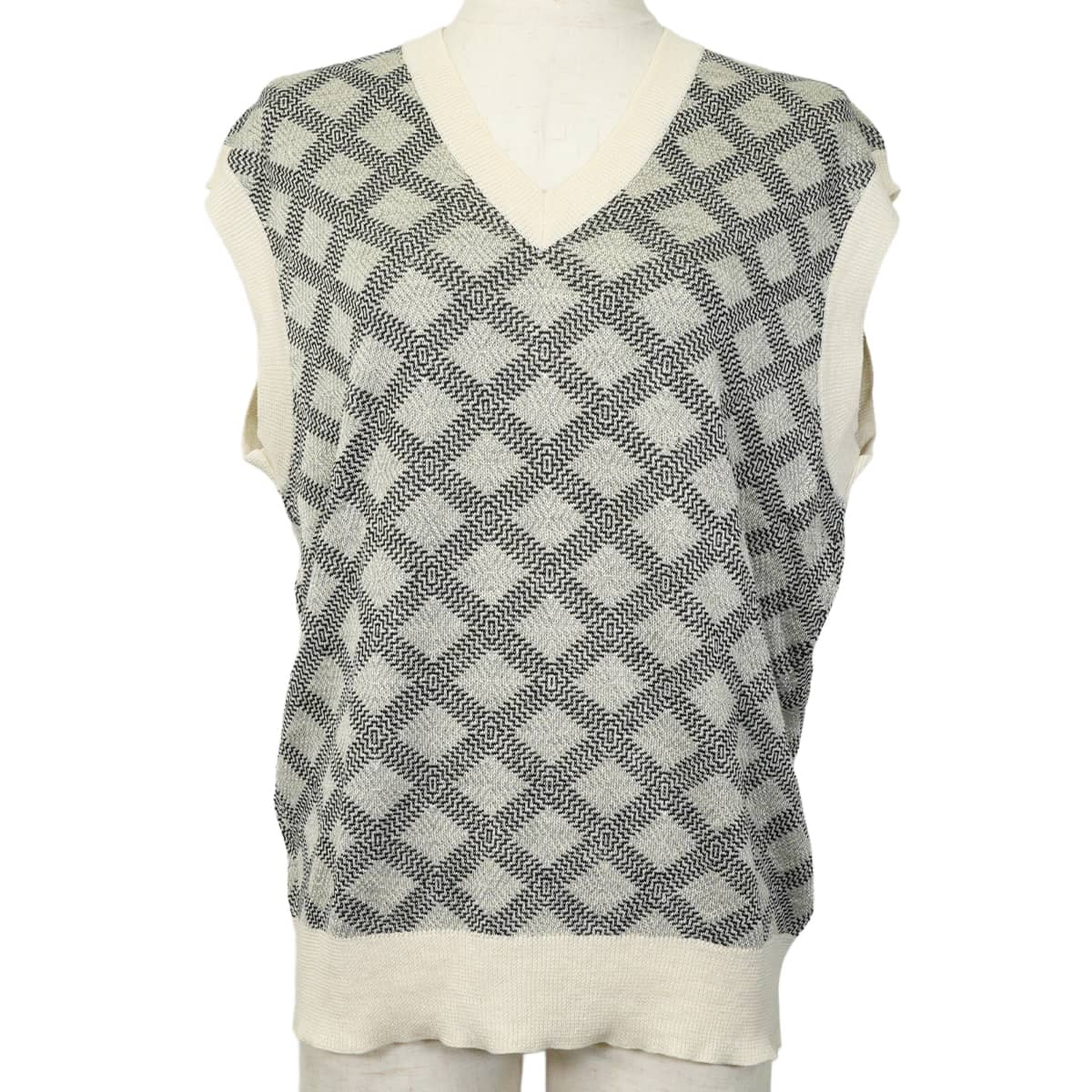LOUIS VUITTON ルイ・ヴィトン ベスト Vネック ニット ダミエジオメトリック アイボリー/黒 (ブラック)/グレー 麻(リネン)/ウール/レーヨン #M 新品同様【中古】