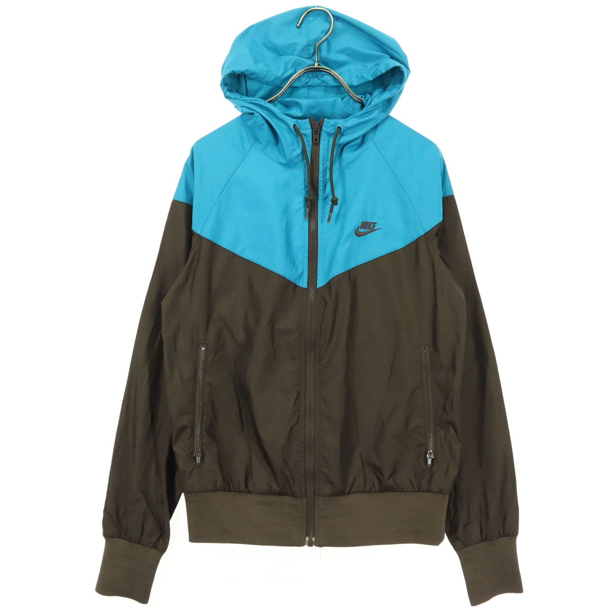 美品 NIKE ナイキ バイカラー ワンポイントロゴ 長袖 ナイロンジャケット L ブラウン系 フーディー ブルー